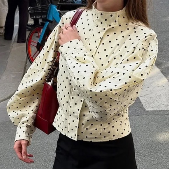 Tops - Polka Dot Long-Sleeve Blouse - Cream/Black